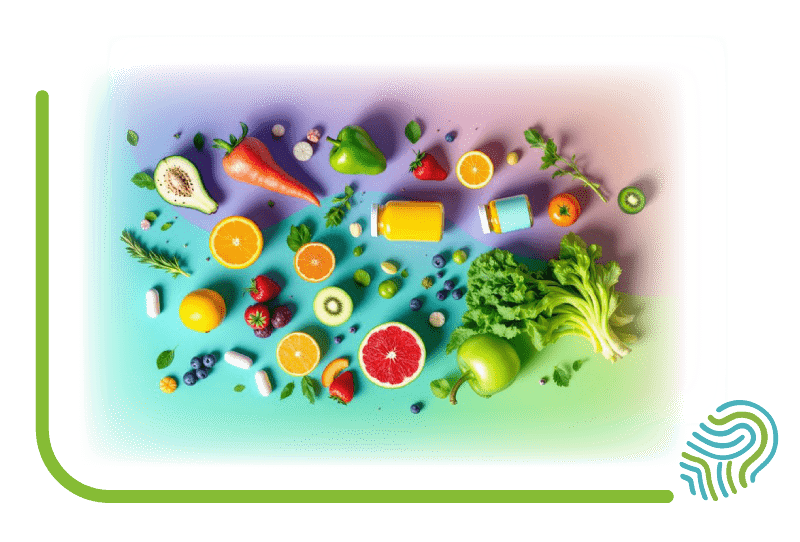Wichtige Mikronährstoffe aus Lebensmitteln und Supplementen Eine bunte Anordnung von mikronährstoffreichem Obst und Gemüse wie Orangen, Karotten und Salat, neben Nahrungsergänzungsmitteln, symbolisiert eine umfassende Versorgung mit Vitaminen und Mineralstoffen.<br />